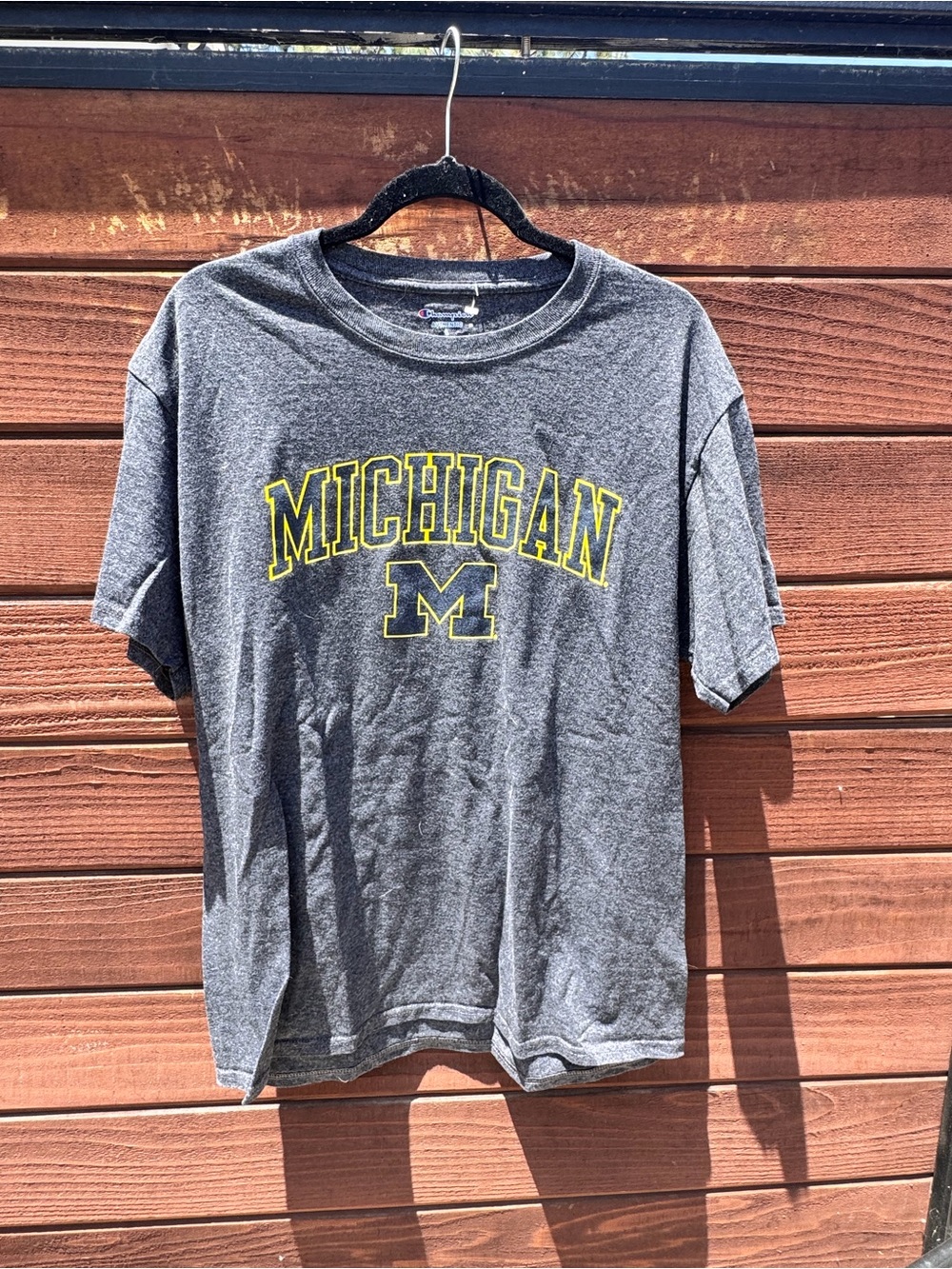Champion Gray Michigan Graphic T-Shirt with Yellow Lettering